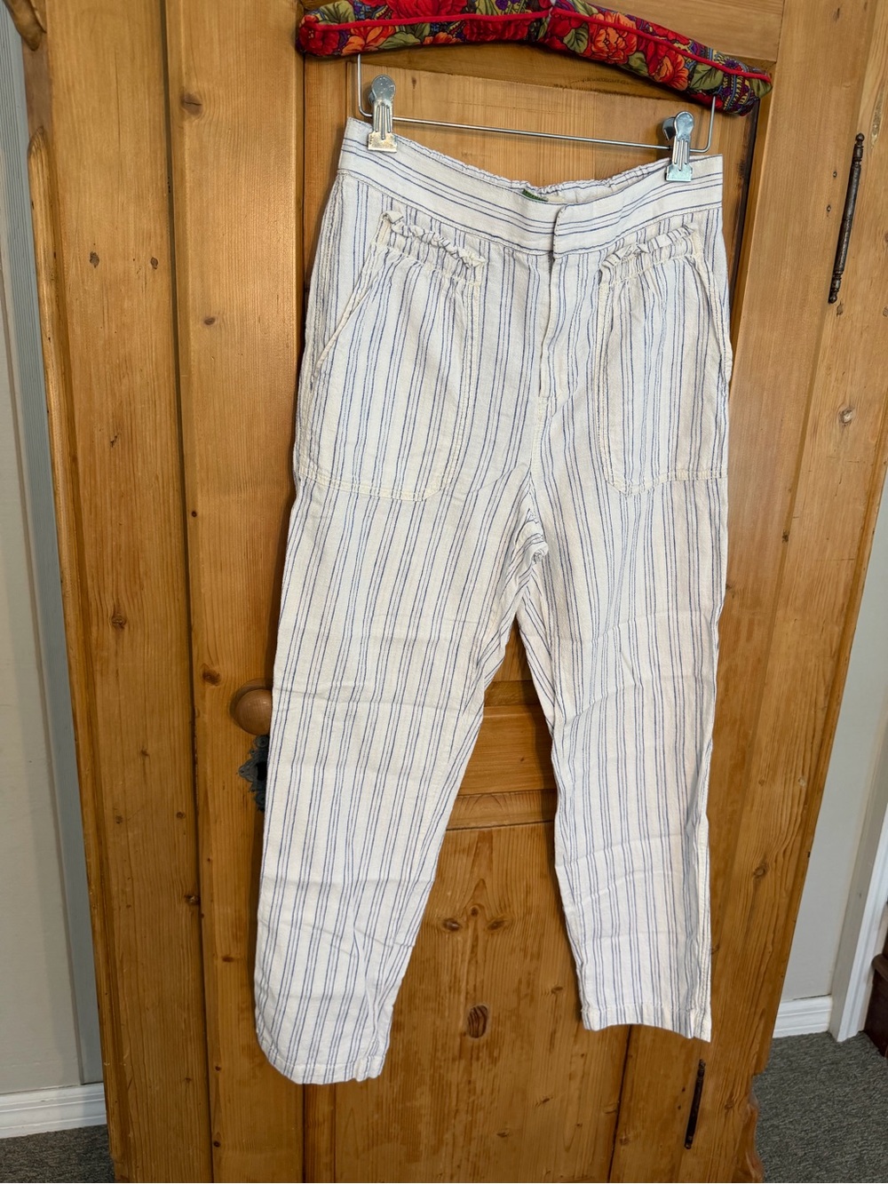 Anthropologie Lightweight White & Blue Striped Linen-Blend Cropped Pants Sz XS